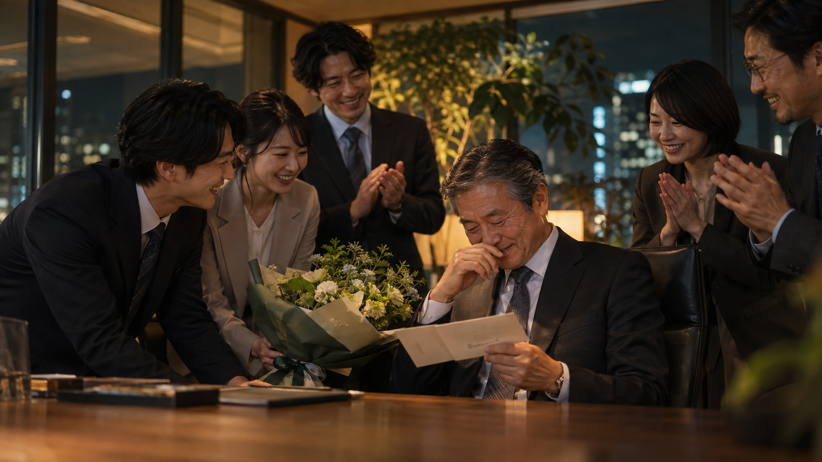 同僚たちからの感謝の気持ちに上司が感動するイメージ